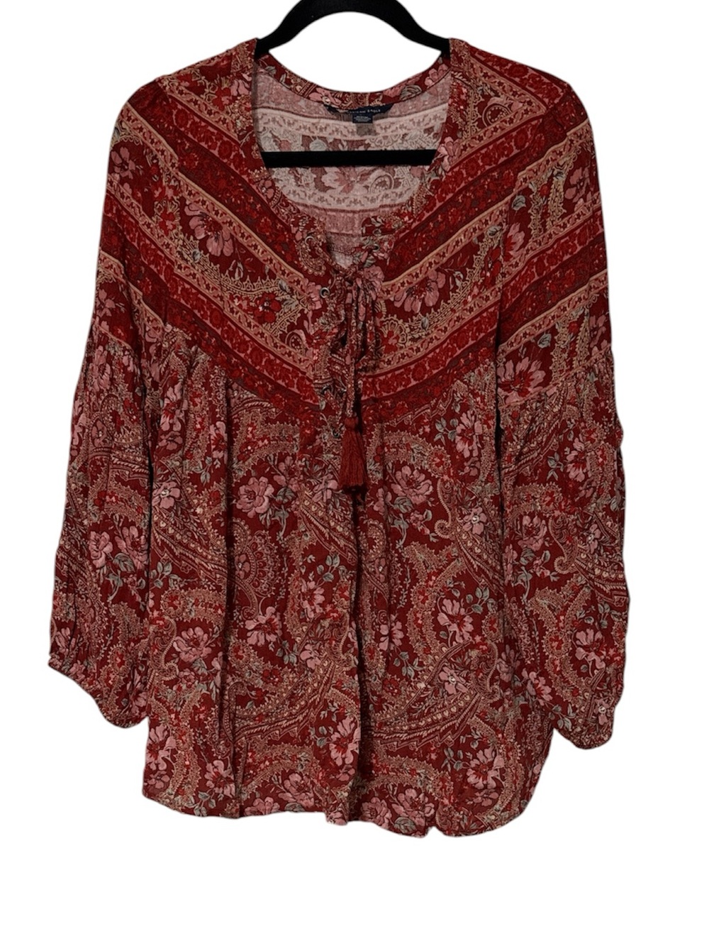 American Eagle Outfitters Burgundy Paisley Tie-Front Peasant Tunic